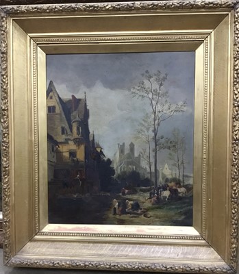Lot 189 - 19th century Dutch school oil on canvas in gilt frame - figures by river with town beyond