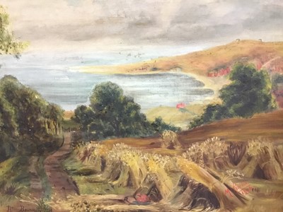 Lot 187 - Large Edwardian oil on canva in original gilt frame - hayfields with coastal bay beyond, signed M Proctor 1904, approximately 63cm x 101cm