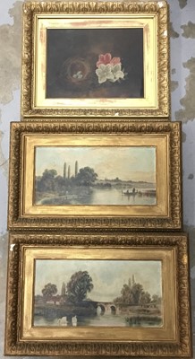Lot 190 - Three antique oil on canvas in gilt frames to include a pair of river scene and a still life with flowers and bird's nest.