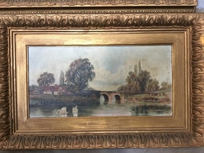 Lot 190 - Three antique oil on canvas in gilt frames to include a pair of river scene and a still life with flowers and bird's nest.