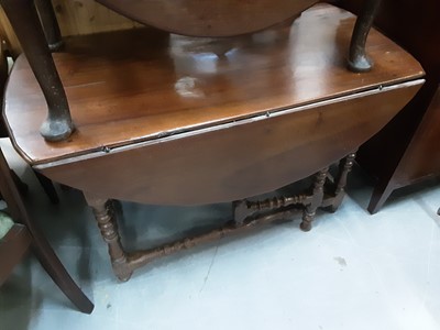 Lot 1163 - Antique drop leaf table with a drawer to each end on bobbin turned and block legs joined by stretchers, 114cm wide, together with a pair of George III rope back chairs (3)
