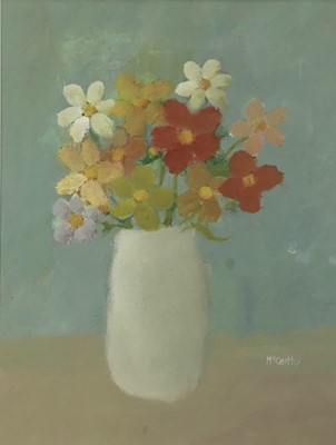 Lot 256 - Peter McCarthy (b. 1955) oil - cream vase of mixed flowers, 50 x 45cm