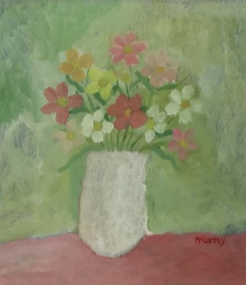 Lot 257 - Peter McCarthy (b. 1955) oil, pink and white flowers, green curtains, 53 x 47cm framed