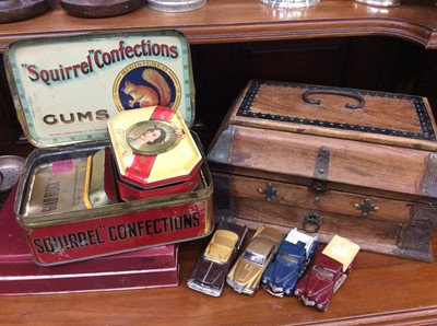 Lot 194 - Silver plated ware, vintages tins, wooden box and toy cars