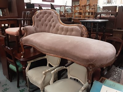 Lot 930 - Victorian walnut framed chaise longue with buttoned upholstery on cabriole legs, 182cm wide, together with a mahogany side chair with buttoned red seat on cabriole front legs (2)