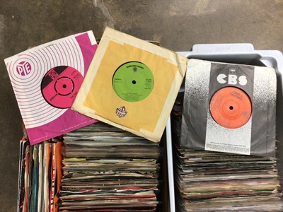 Lot 243 - Two boxes of mainly rock and folk single records (approx 270) including Beatles, Stones, Doors, Curved Air, Whitesnake and Crazy Elephant