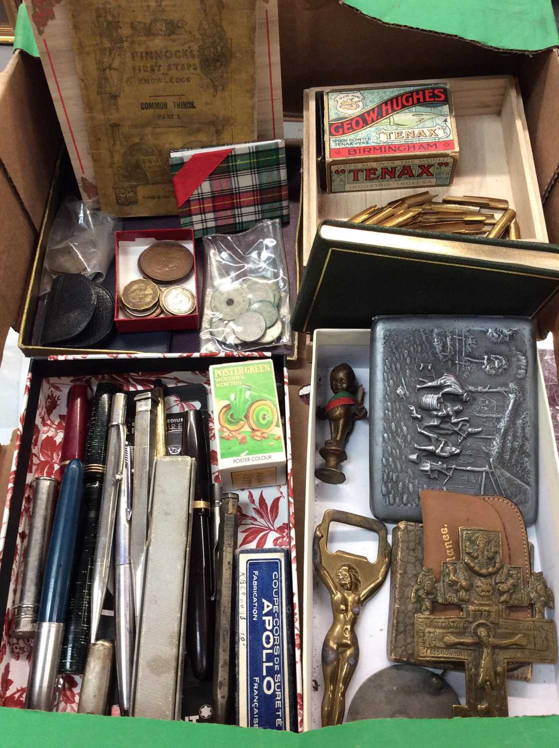 Lot 198 - Group vintage pens including two silver, collection of pen nibs, coins, cigarette case and other items