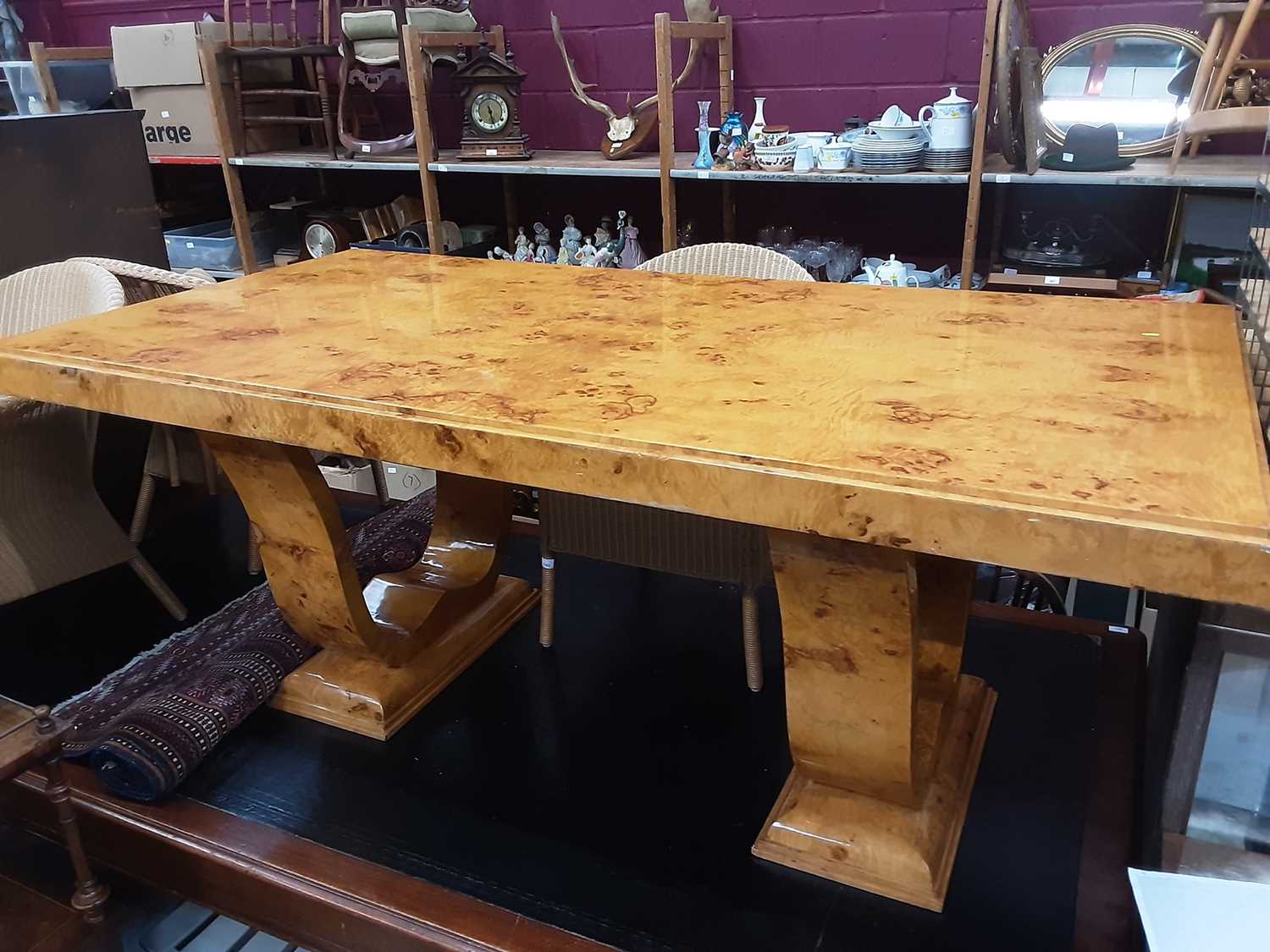 Lot 1167 - Good quality Art Deco style burr maple veneered dining table on end standards, 200cm wide, 101cm deep, 79cm high