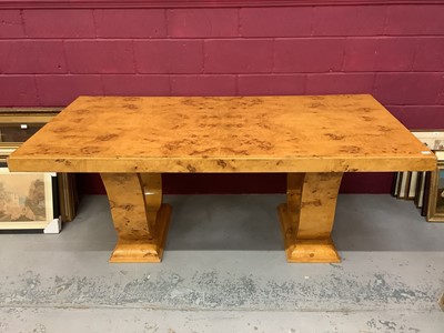 Lot 1469 - Good quality Art Deco style burr maple veneered dining table on end standards, 200cm wide, 101cm deep, 79cm high