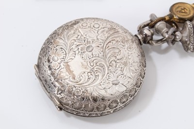Lot 32 - Georgian silver cased pocket watch, three silver cased fob watches and two fob chains