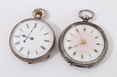 Lot 32 - Georgian silver cased pocket watch, three silver cased fob watches and two fob chains