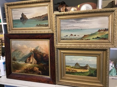 Lot 201 - William Jolly - pair of Victorian oils on board in gilt frames - 'Stonehaven' and 'Duncansby Slacks' together with two other Victorian naive school oil paintings