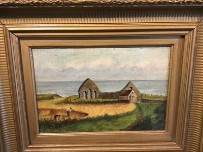Lot 201 - William Jolly - pair of Victorian oils on board in gilt frames - 'Stonehaven' and 'Duncansby Slacks' together with two other Victorian naive school oil paintings
