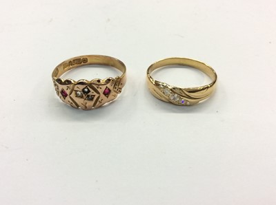 Lot 768 - Victorian 9ct gold diamond and ruby set ring, together with yellow metal gem set ring (2)