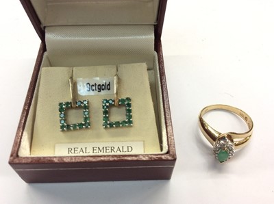 Lot 769 - Pair 9ct gold emerald earrings and similar ring (2)