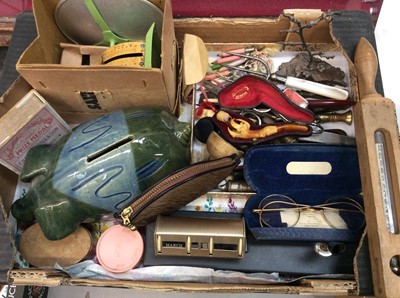 Lot 573 - Box of miscellaneous items including pair old spectacles, small pipe in case, Salter scales, pottery piggy bank, vintage Kodak camera, silver and mother or pearl fruit knife, two silver cased penci...