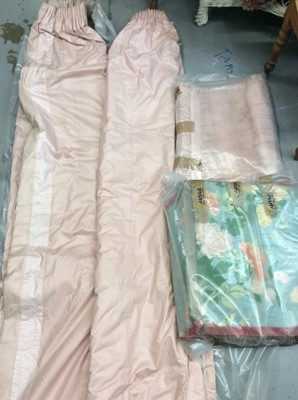 Lot 574 - Pair pink lined curtains with patterned strip along the edges, matching pelmet and one other