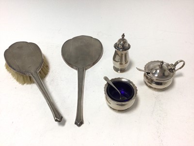 Lot 339 - Silver three piece condiment set and a silver backed mirror and brush