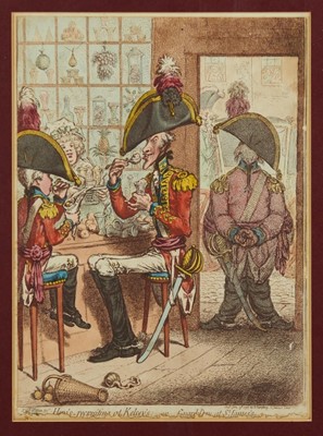 Lot 1001 - James Gillray (1756-1815) etching with hand colouring. 'Hero's recruiting at Kelsey's', Published 1797 by Hannah Humphrey (1745-1818), 26 x 36cm, glazed frame