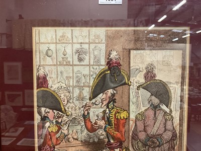 Lot 1001 - James Gillray (1756-1815) etching with hand colouring. 'Hero's recruiting at Kelsey's', Published 1797 by Hannah Humphrey (1745-1818), 26 x 36cm, glazed frame