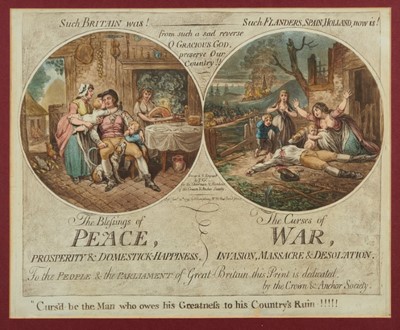 Lot 1002 - James Gillray (1756-1815), hand coloured etching and aquatint, The Blessings of Peace, The Curses of War, Published 1795 by Hannah Humphrey (1745-1818), 31 x 37cm, glazed frame