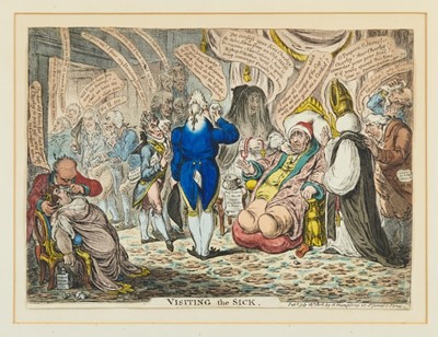 Lot 1003 - James Gillray (British, 1756-1815) hand coloured etching, Visiting the Sick, published by H. Humphrey, London 1806. sheet 26 x 35.8cm, glazed frame