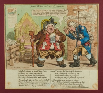 Lot 1004 - James Gillray (British, 1756-1815) hand coloured etching, John Bull and the Alarmist, published by H. Humphrey, London, 1803, 33 x 36cm, glazed frame