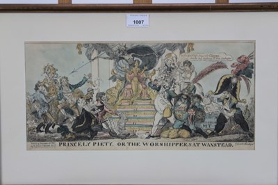 Lot 1007 - George Cruickshank (1792-1878) hand coloured etching, Princely Piety, or the Worshippers at Wanstead, published M Jones, 1811, 19 x 40cm, glazed frame