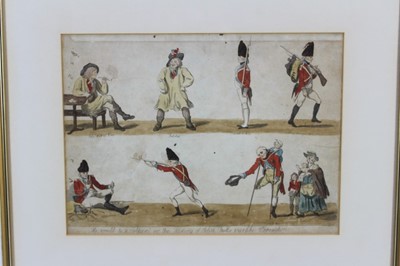 Lot 1011 - Isaac Cruickshank (1764-1811) hand coloured engraving, He would be a soldier, or the history of John Bulls war like expedition, 28 x 38cm, glazed frame