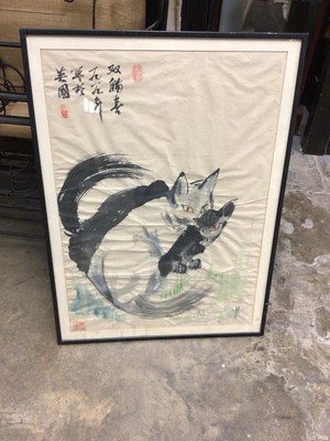 Lot 352 - Framed Chinese print of two cats