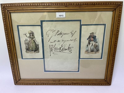 Lot 1013 - Autograph sheet inscribed 'T J Pettigrew Esq. with the regards of Geo. Cruickshank, 25 x 16.6cm framed together with two hand colouring Cruickshank engravings, glazed frame