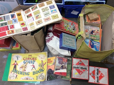 Lot 351 - Group 1950s football annuals, vintage games, scrap books, stamp albums and other empherma