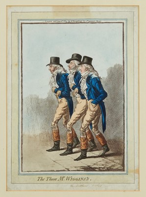 Lot 1014 - James Gillray (1756-1815) hand coloured etching and aquatint, The Three Mr Wiggins's, published H. Humphrey, London 1803, inscribed in pen to margin 'Three Matthew's brothers', 33 x 24cm, glazed fr...