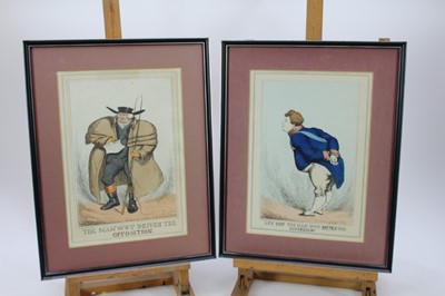 Lot 1016 - A Sharpshooter (John Philips) pair of hand coloured etchings, The man wot drives the Opposition, Are you the man wot drives the Sovereign?, each publicised J Gans, London 1829, 35 x 23.5cm, glazed...