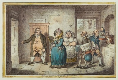 Lot 1017 - James Gillray (1756-1815) hand coloured etching, An Old Maid on a Journey, published H. Humphrey 1804, 25.3 x 38cm, glazed frame