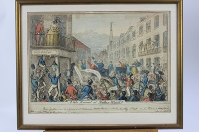 Lot 1019 - George Cruikshank (1792-1878) hand coloured etching, A late arrival at Mother Wood's, published G Humphrey 1820, 26 x 38cm, with inscription to margin, glazed frame