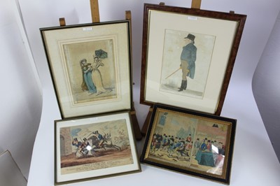 Lot 1020 - Published William Benbow, hand coloured engraving, Persecution of the Saints, published 1820, 24 x 34cm, together with George Cruickshank, coloured etching, A match for the King's Plate, G. Humphre...