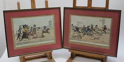 Lot 1021 - Henry Bunbury (1750-1811) pair of hand coloured etchings, The Easter Hunt at Epping Forest, plates 1 & 2, 23.5cm x 33cm, glazed frames