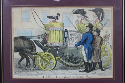 Lot 1022 - Isaac Cruickshank (1789-1856) hand coloured etching, A Muddy, A Sketch in Bond Street, published S W Fore's. 1800. 25.5 x 36cm, framed