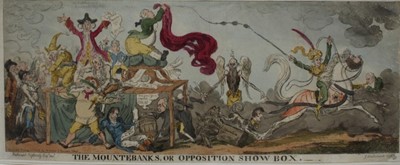 Lot 1028 - George Cruikshank (1792-1878) hand coloured etching, The Mountebanks, or Opposition Show Box, published 1812 by M Jones, 20.5 x cm, together with  George Cruikshank (1792-1878) hand coloured etchin...