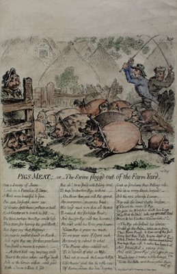 Lot 1031 - James Gillray (1756-1815) hand coloured etching, Pigs Meat or the Swine Flogged out of the Yard, 1851 Bonn Edition, numbered 206, 36 x 26cm