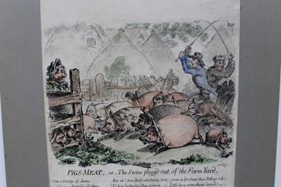 Lot 1031 - James Gillray (1756-1815) hand coloured etching, Pigs Meat or the Swine Flogged out of the Yard, 1851 Bonn Edition, numbered 206, 36 x 26cm