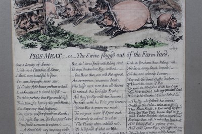 Lot 1031 - James Gillray (1756-1815) hand coloured etching, Pigs Meat or the Swine Flogged out of the Yard, 1851 Bonn Edition, numbered 206, 36 x 26cm