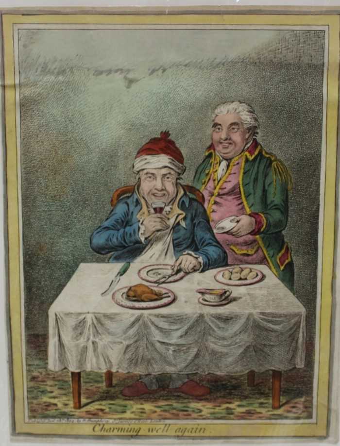 Lot 1033 - James Gillray (1756-1815) two hand coloured etchings, Charming Well Again, published H. Humphrey 1804, 26 x 21cm