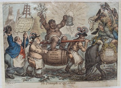 Lot 1034 - James Gillray (1756-1815) hand coloured etching, The Triumph of Quassia, published H Humphrey 1806, 25 x 33.5cm