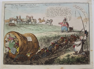 Lot 1035 - James Gillray (1756-1815) hand coloured etching, The State Waggoner and John Bull, published H Humphrey 1804, 27 x 37.5cm, margins intact