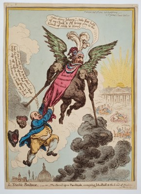 Lot 1039 - James Gillray (1756-1818) hand coloured etching, Le Diable Boiteux or The Devil upon two Sticks, published H. Humphrey 1806, 25 x 35cm