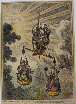 Lot 1040 - James Gillray (1756-1815) hand coloured etching, The Cabinetical Balance, published H. Humphrey 1806, 35 x 26cm