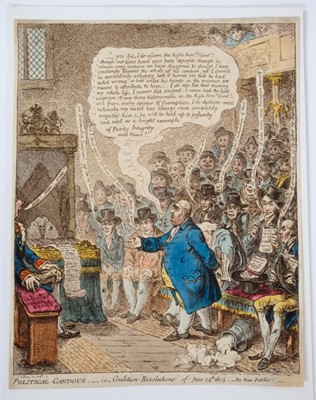 Lot 1042 - James Gillray (1756-1815) hand coloured etching, Political-Candour; -i.e.- Coalition-'Resolutions' of June 14th 1805, published H Humphrey 1805, 36 x 28cm