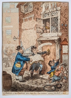 Lot 1043 - James Gillray (1756-1815) hand coloured etching, The Friend of the People and his Petty New Tax-Gatherer, paying John Bull a visit